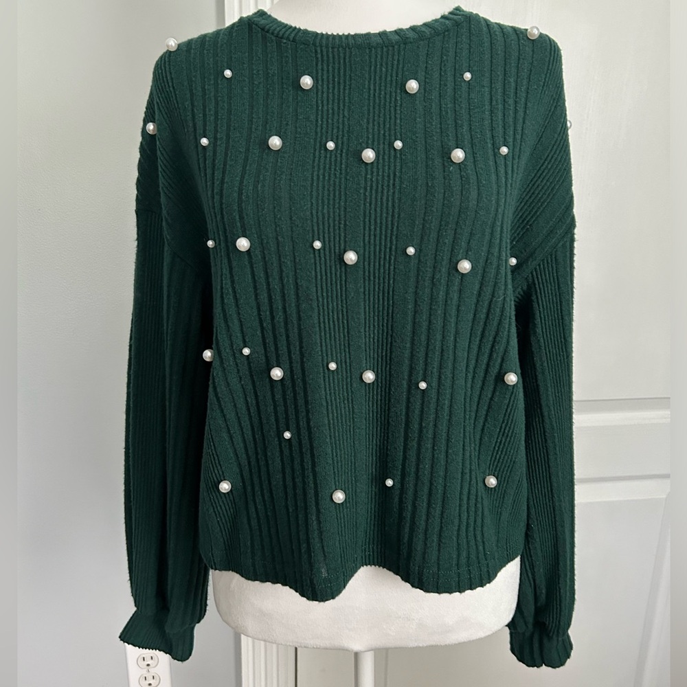 SHEIN | Dark Green Rib Knit Lightweight Sweater with Pearl Detail | Size Small